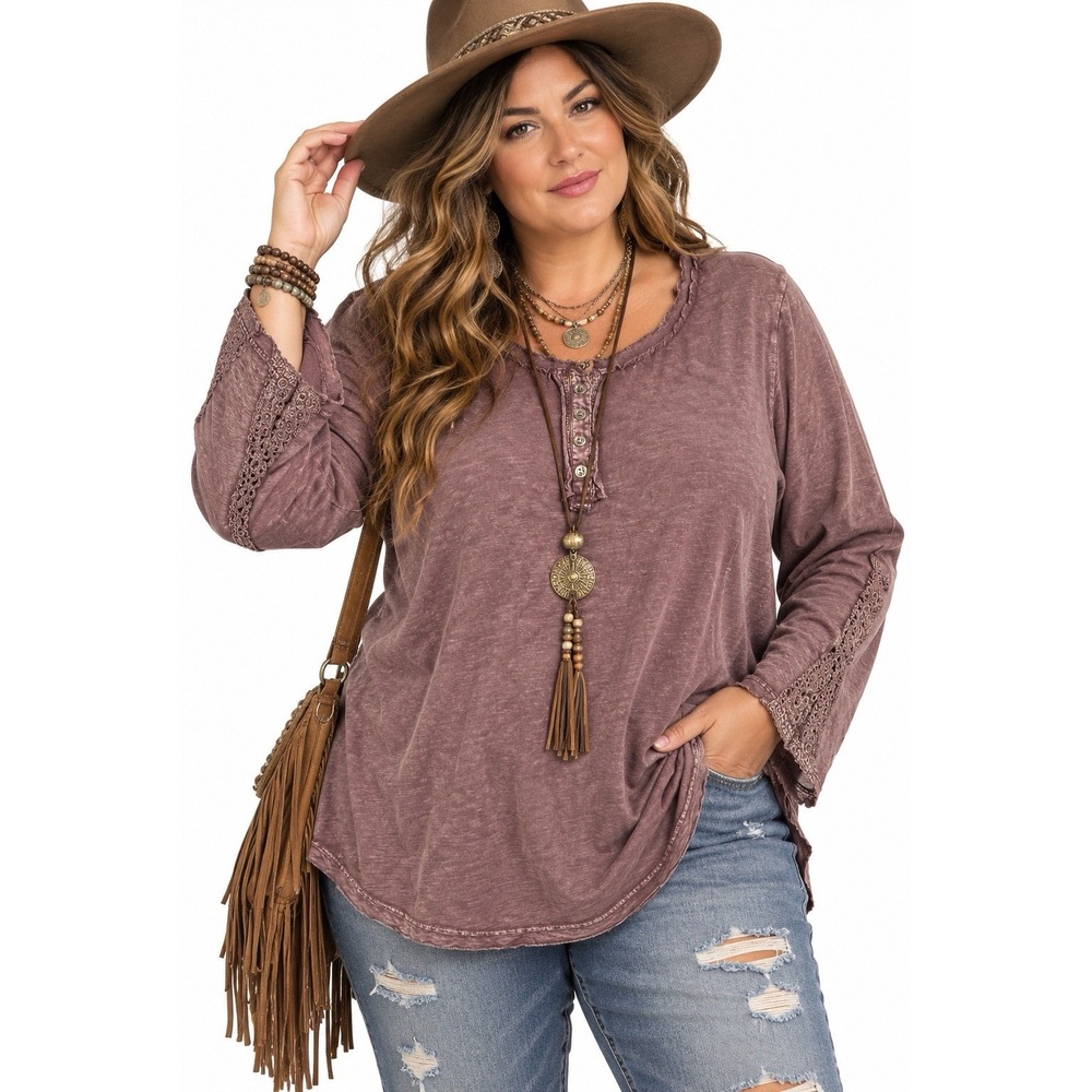 NWT Soft Surroundings Henley Top Tunic 3XL Maroon Lace Boho Whimsigoth Fairy
